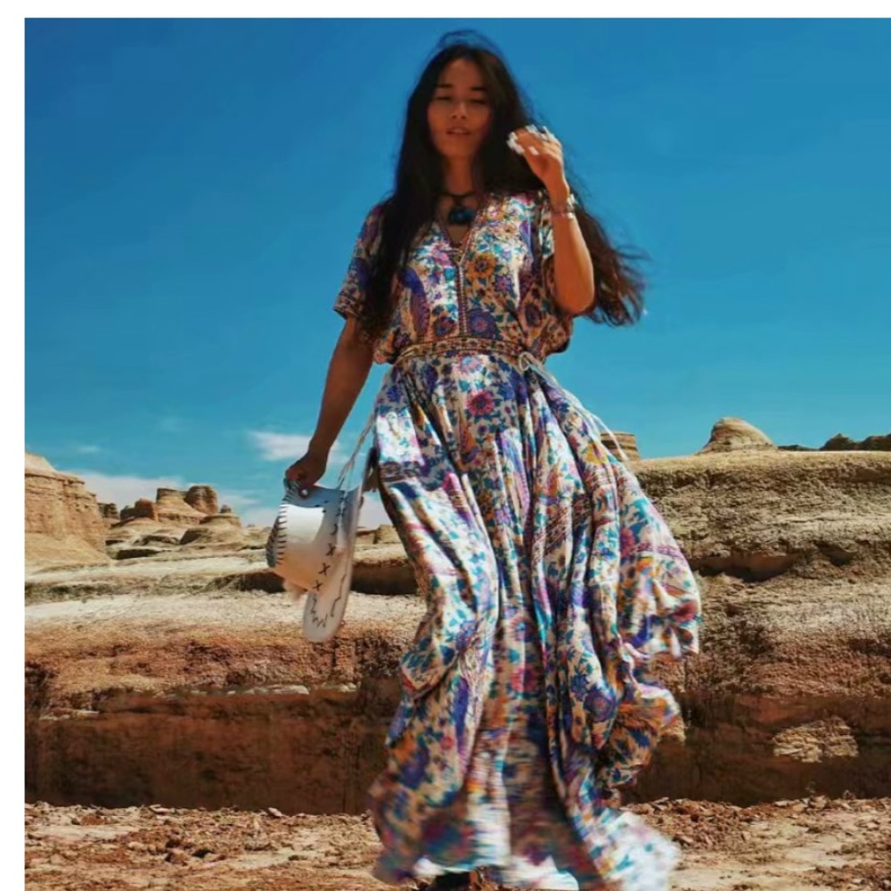 boho chic gypsy floral print vneck maxi dress - Picture 2 of 3
